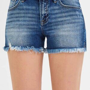 Hazel Blues® | RISEN Low Rise Frayed Denim Shorts